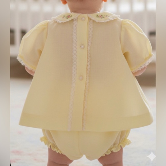 Other - Vtg Yellow Baby Babydoll Dress with Lace Trim Floral Sz0-3m Retro Butter Yellow